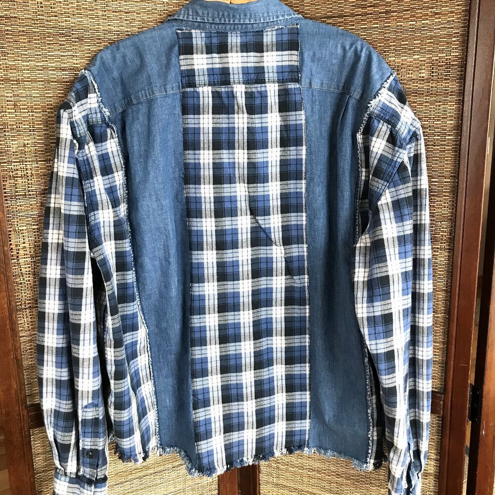 Upcycled Denim Plaid Flannel Jean Jacket, Boho Patchwork Shirt Plus Size XL - 2X - Picture 7 of 9